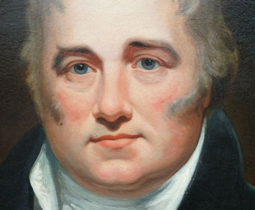 fig 10. A Regency period oil painting on canvas depicting a seated gentleman in a dark double-breasted coat, housed within a gilded wood frame.