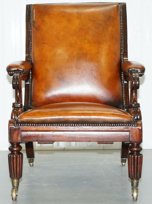 RESTORED WILLIAM IV RECLINING LIBRARY READING BROWN LEATHER ARMCHAIR FOOTSTOOL - ADDITIONAL PHOTO 1
