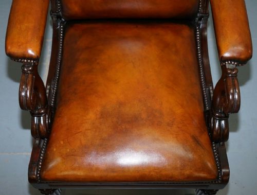 RESTORED WILLIAM IV RECLINING LIBRARY READING BROWN LEATHER ARMCHAIR FOOTSTOOL - ADDITIONAL PHOTO 4