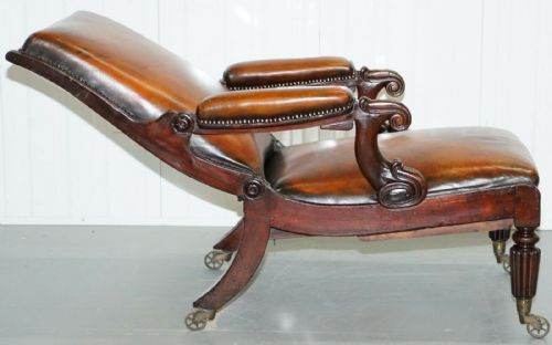 RESTORED WILLIAM IV RECLINING LIBRARY READING BROWN LEATHER ARMCHAIR FOOTSTOOL - ADDITIONAL PHOTO 7