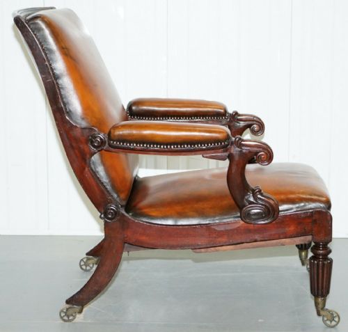 RESTORED WILLIAM IV RECLINING LIBRARY READING BROWN LEATHER ARMCHAIR FOOTSTOOL - ADDITIONAL PHOTO 8