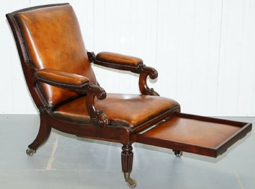 RESTORED WILLIAM IV RECLINING LIBRARY READING BROWN LEATHER ARMCHAIR FOOTSTOOL - ADDITIONAL PHOTO 9