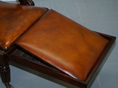 RESTORED WILLIAM IV RECLINING LIBRARY READING BROWN LEATHER ARMCHAIR FOOTSTOOL - ADDITIONAL PHOTO 10