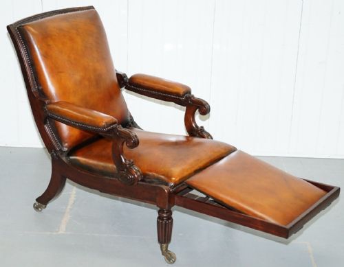RESTORED WILLIAM IV RECLINING LIBRARY READING BROWN LEATHER ARMCHAIR FOOTSTOOL - ADDITIONAL PHOTO 11