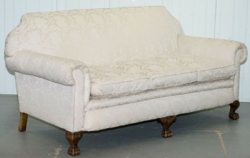 RARE VICTORIAN DAMASK UPHOLSTERY WALNUT CARVED LION PAW FEET SOFA ARMCHAIR SUITE - ADDITIONAL PHOTO 1