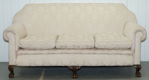 RARE VICTORIAN DAMASK UPHOLSTERY WALNUT CARVED LION PAW FEET SOFA ARMCHAIR SUITE - ADDITIONAL PHOTO 4