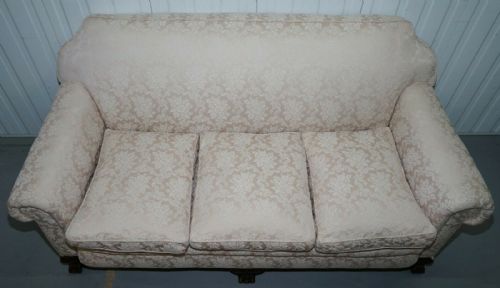 RARE VICTORIAN DAMASK UPHOLSTERY WALNUT CARVED LION PAW FEET SOFA ARMCHAIR SUITE - ADDITIONAL PHOTO 5