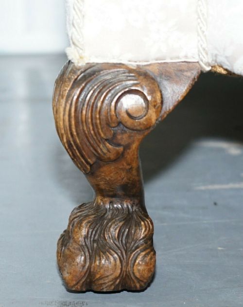 RARE VICTORIAN DAMASK UPHOLSTERY WALNUT CARVED LION PAW FEET SOFA ARMCHAIR SUITE - ADDITIONAL PHOTO 6
