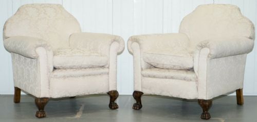 RARE VICTORIAN DAMASK UPHOLSTERY WALNUT CARVED LION PAW FEET SOFA ARMCHAIR SUITE - ADDITIONAL PHOTO 8