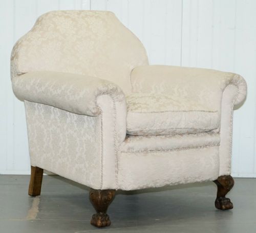 RARE VICTORIAN DAMASK UPHOLSTERY WALNUT CARVED LION PAW FEET SOFA ARMCHAIR SUITE - ADDITIONAL PHOTO 9