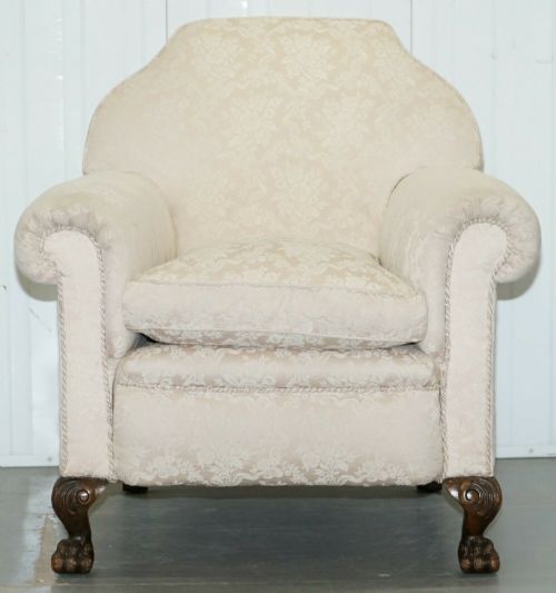 RARE VICTORIAN DAMASK UPHOLSTERY WALNUT CARVED LION PAW FEET SOFA ARMCHAIR SUITE - ADDITIONAL PHOTO 10