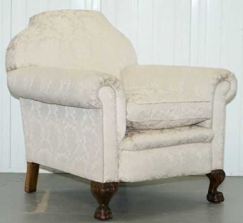 RARE VICTORIAN DAMASK UPHOLSTERY WALNUT CARVED LION PAW FEET SOFA ARMCHAIR SUITE - ADDITIONAL PHOTO 12