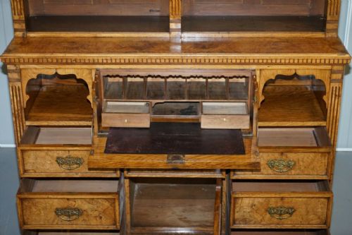 VICTORIAN LIBRARY BURR POLLARD OAK LIBRARY BOOKCASE DROP FRONT SECRETAIRE - ADDITIONAL PHOTO 12