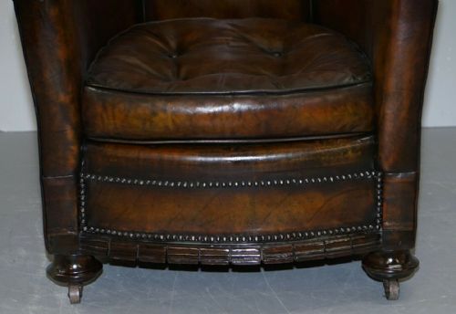 PAIR OF VICTORIAN RESTORED HAND DYED BROWN LEATHER CHESTERFIELD TUB ARMCHAIRS - ADDITIONAL PHOTO 5