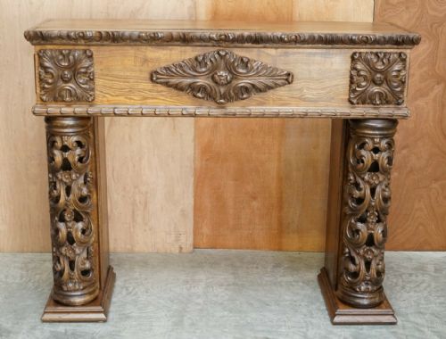 ANTIQUE CIRCA 1880 HAND CARVED SOLID ELM FIREPLACE MANTLEPIECE FRETWORK COLUMNS - ADDITIONAL PHOTO 1