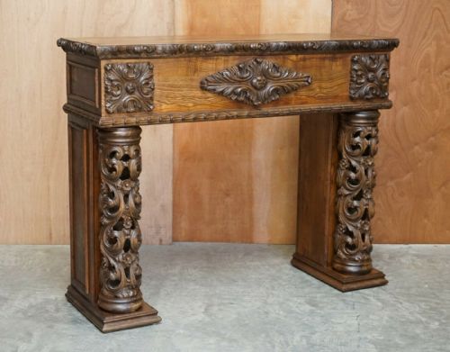 ANTIQUE CIRCA 1880 HAND CARVED SOLID ELM FIREPLACE MANTLEPIECE FRETWORK COLUMNS - ADDITIONAL PHOTO 3