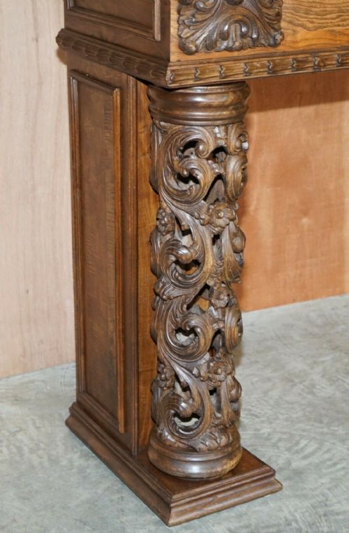 ANTIQUE CIRCA 1880 HAND CARVED SOLID ELM FIREPLACE MANTLEPIECE FRETWORK COLUMNS - ADDITIONAL PHOTO 4