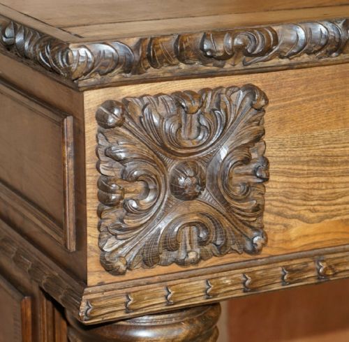 ANTIQUE CIRCA 1880 HAND CARVED SOLID ELM FIREPLACE MANTLEPIECE FRETWORK COLUMNS - ADDITIONAL PHOTO 7