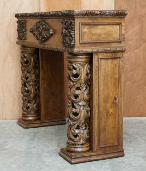 ANTIQUE CIRCA 1880 HAND CARVED SOLID ELM FIREPLACE MANTLEPIECE FRETWORK COLUMNS - ADDITIONAL PHOTO 11