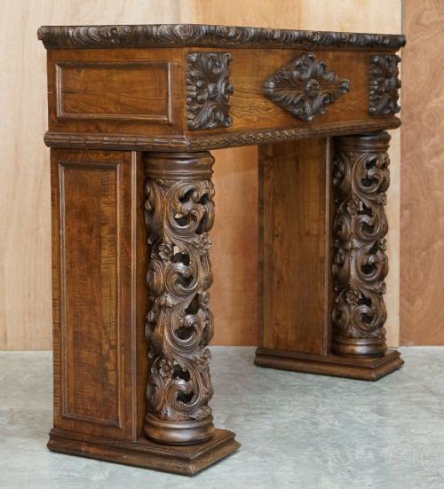 ANTIQUE CIRCA 1880 HAND CARVED SOLID ELM FIREPLACE MANTLEPIECE FRETWORK COLUMNS - ADDITIONAL PHOTO 13