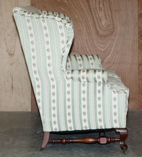 VICTORIAN HOWARD SONS TICKING FABRIC UPHOLSTERED DOUBLE WINGBACK SOFA ARMCHAIR - ADDITIONAL PHOTO 8