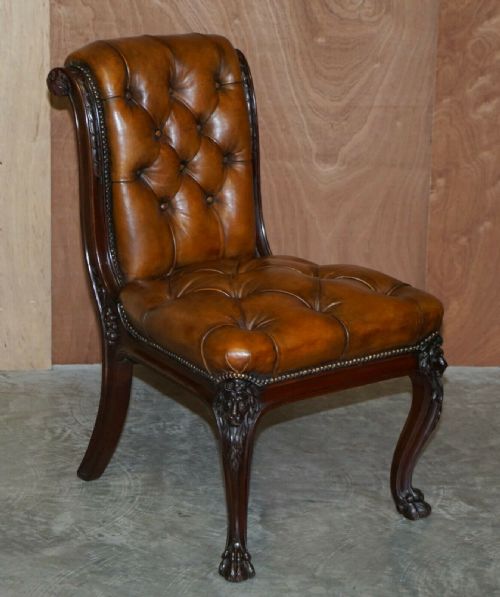 CIRCA 1845 C HINDLEY SONS LION CARVED CHESTERFIELD BROWN LEATHER FIVE DINING CHAIRS - ADDITIONAL PHOTO 4