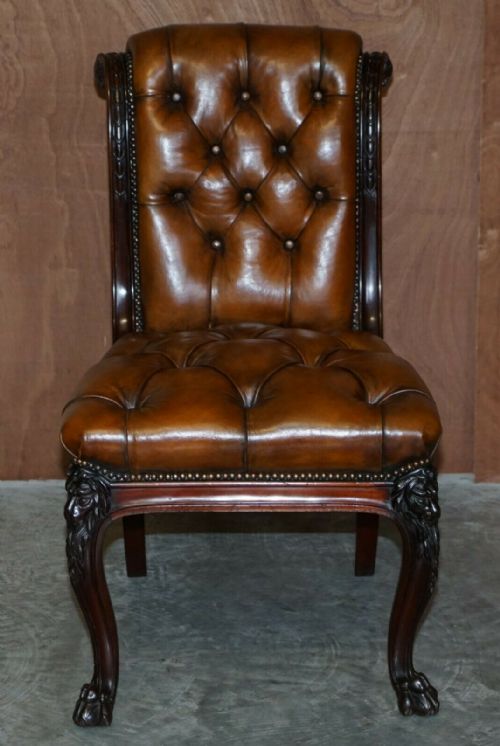 CIRCA 1845 C HINDLEY SONS LION CARVED CHESTERFIELD BROWN LEATHER FIVE DINING CHAIRS - ADDITIONAL PHOTO 5