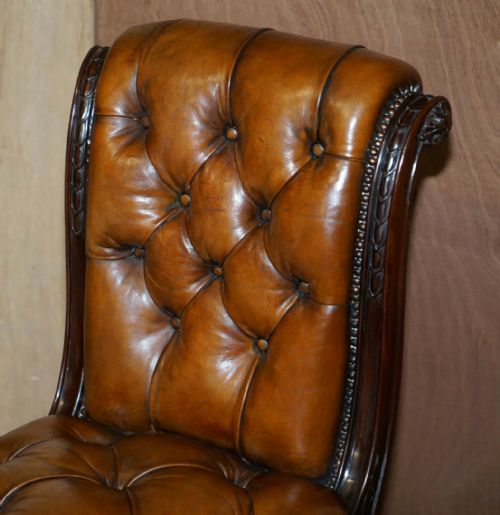 CIRCA 1845 C HINDLEY SONS LION CARVED CHESTERFIELD BROWN LEATHER FIVE DINING CHAIRS - ADDITIONAL PHOTO 6