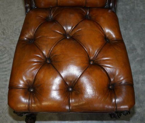 CIRCA 1845 C HINDLEY SONS LION CARVED CHESTERFIELD BROWN LEATHER FIVE DINING CHAIRS - ADDITIONAL PHOTO 7