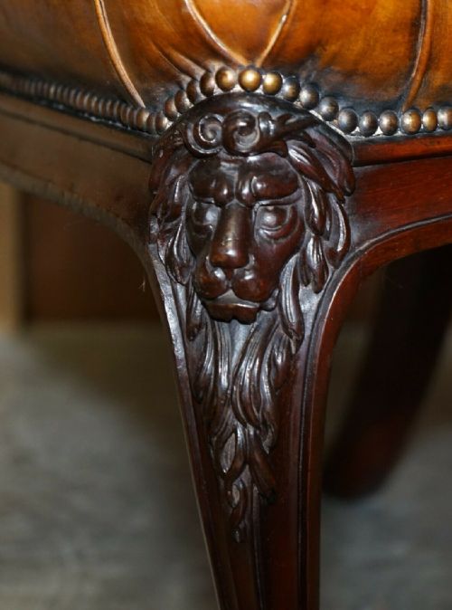 CIRCA 1845 C HINDLEY SONS LION CARVED CHESTERFIELD BROWN LEATHER FIVE DINING CHAIRS - ADDITIONAL PHOTO 9