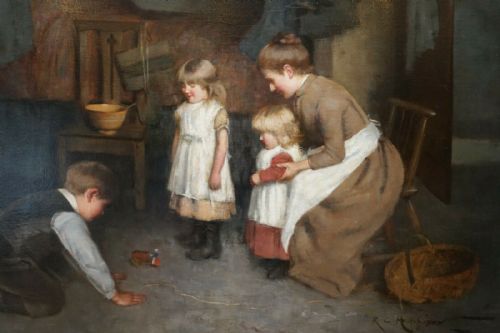 ORIGINAL CIRCA 188090 ROBERT GEMMELL HUTCHISON OIL ON CANVAS PAINTING A NEW TOY - ADDITIONAL PHOTO 4