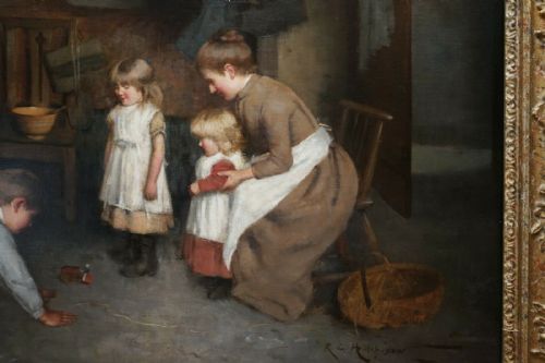 ORIGINAL CIRCA 188090 ROBERT GEMMELL HUTCHISON OIL ON CANVAS PAINTING A NEW TOY - ADDITIONAL PHOTO 5
