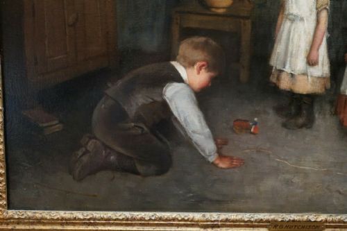 ORIGINAL CIRCA 188090 ROBERT GEMMELL HUTCHISON OIL ON CANVAS PAINTING A NEW TOY - ADDITIONAL PHOTO 7