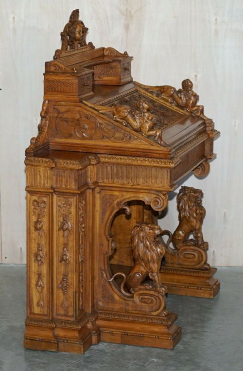 ANTIQUE WALNUT MUSEUM QUALITY EXHIBITION HAND CARVED ITALIAN DAVENPORT DESK - ADDITIONAL PHOTO 7