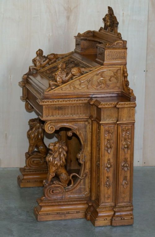 ANTIQUE WALNUT MUSEUM QUALITY EXHIBITION HAND CARVED ITALIAN DAVENPORT DESK - ADDITIONAL PHOTO 9