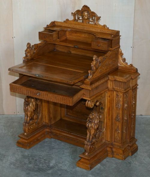 ANTIQUE WALNUT MUSEUM QUALITY EXHIBITION HAND CARVED ITALIAN DAVENPORT DESK - ADDITIONAL PHOTO 11