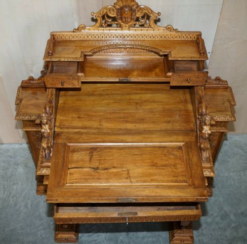 ANTIQUE WALNUT MUSEUM QUALITY EXHIBITION HAND CARVED ITALIAN DAVENPORT DESK - ADDITIONAL PHOTO 12
