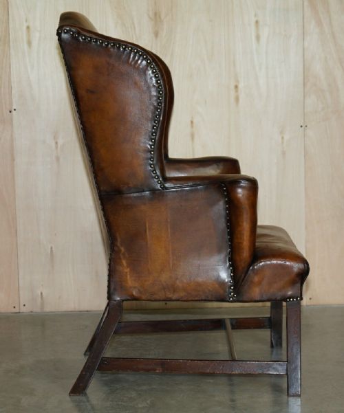 ANTIQUE RESTORED GEORGE II PERIOD CIRCA 1760 WINGBACK BROWN LEATHER ARMCHAIR - ADDITIONAL PHOTO 9