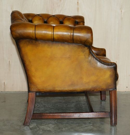 ANTIQUE RESTORED BROWN LEATHER CHESTERFIELD LIBRARY ARMCHAIRS SOFA STOOL SUITE - ADDITIONAL PHOTO 7