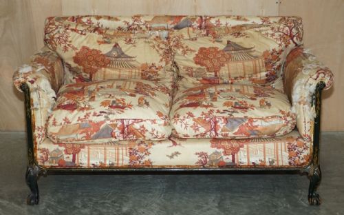 ANTIQUE HOWARD SONS AESTHETIC MOVEMENT SOFA CLAW BALL FEET CHINOISERIE FABIC - ADDITIONAL PHOTO 3