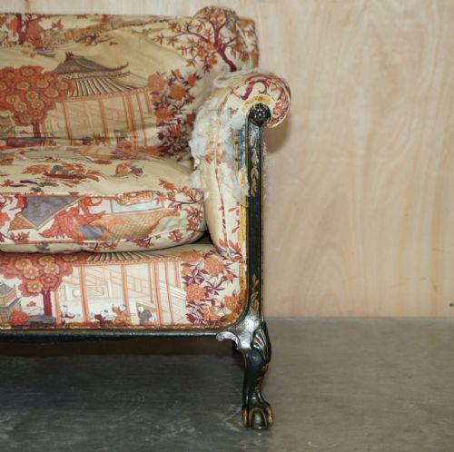 ANTIQUE HOWARD SONS AESTHETIC MOVEMENT SOFA CLAW BALL FEET CHINOISERIE FABIC - ADDITIONAL PHOTO 5