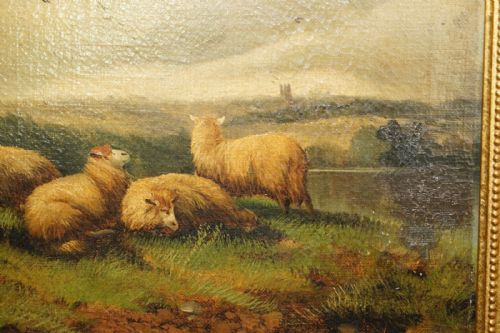 PAIR OF ANTIQUE ORIGINAL JOHN W MORRIS 18651924 LANDSCAPE SHEEP OIL PAINTINGS - ADDITIONAL PHOTO 4