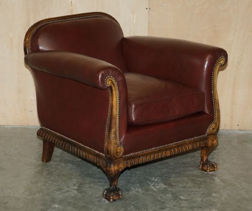 ANTIQUE VICTORIAN PAIR OF CLAW BALL FEET BROWN LEATHER WALNUT CLUB ARMCHAIRS - ADDITIONAL PHOTO 1