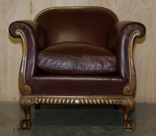 ANTIQUE VICTORIAN PAIR OF CLAW BALL FEET BROWN LEATHER WALNUT CLUB ARMCHAIRS - ADDITIONAL PHOTO 3