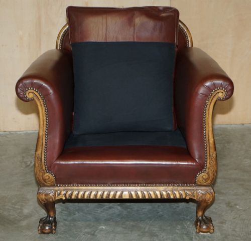 ANTIQUE VICTORIAN PAIR OF CLAW BALL FEET BROWN LEATHER WALNUT CLUB ARMCHAIRS - ADDITIONAL PHOTO 15