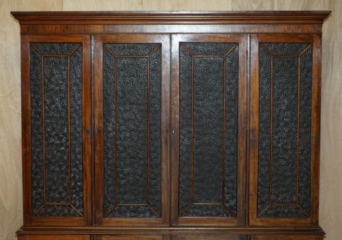 STUNNING ANTIQUE VICTORIAN MAHOGANY EMBOSSED LEATHER LIBRARY BOOKCASE CUPBOARD - ADDITIONAL PHOTO 3