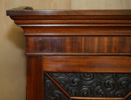 STUNNING ANTIQUE VICTORIAN MAHOGANY EMBOSSED LEATHER LIBRARY BOOKCASE CUPBOARD - ADDITIONAL PHOTO 4