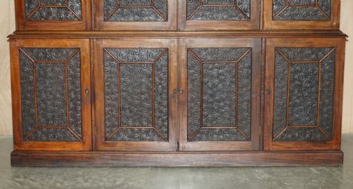STUNNING ANTIQUE VICTORIAN MAHOGANY EMBOSSED LEATHER LIBRARY BOOKCASE CUPBOARD - ADDITIONAL PHOTO 5