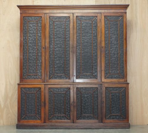 STUNNING ANTIQUE VICTORIAN MAHOGANY EMBOSSED LEATHER LIBRARY BOOKCASE CUPBOARD - ADDITIONAL PHOTO 13