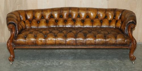 ANTIQUE VICTORIAN 1860 SHOW FRAME CARVED WALNUT CHESTERFIELD BROWN LEATHER SOFA - ADDITIONAL PHOTO 1